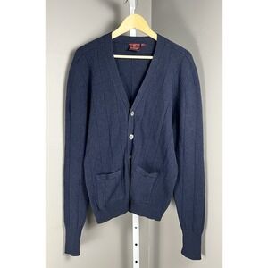 VTG Nordstrom L Lambswool Button Up Cardigan Sweater Navy Grandpacore Damage